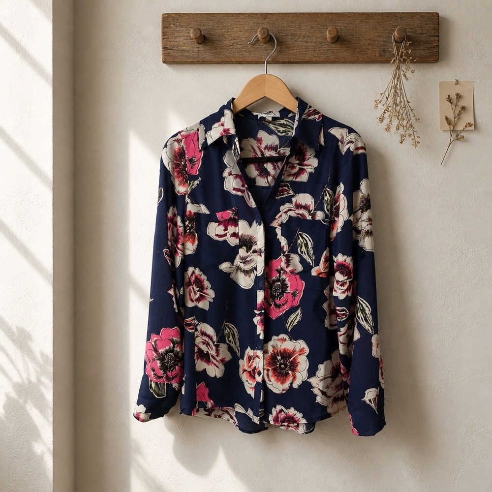 Express The Portofino Shirt Womens Med Blue Pink Floral Tropical Button Up Top